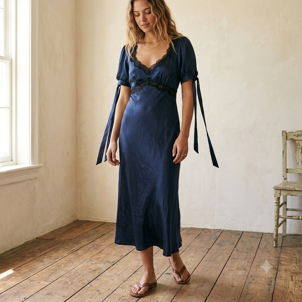 Reformation Kacey Musgraves Stella Silk Midi Dress Womens 10 Navy Silk Coquette